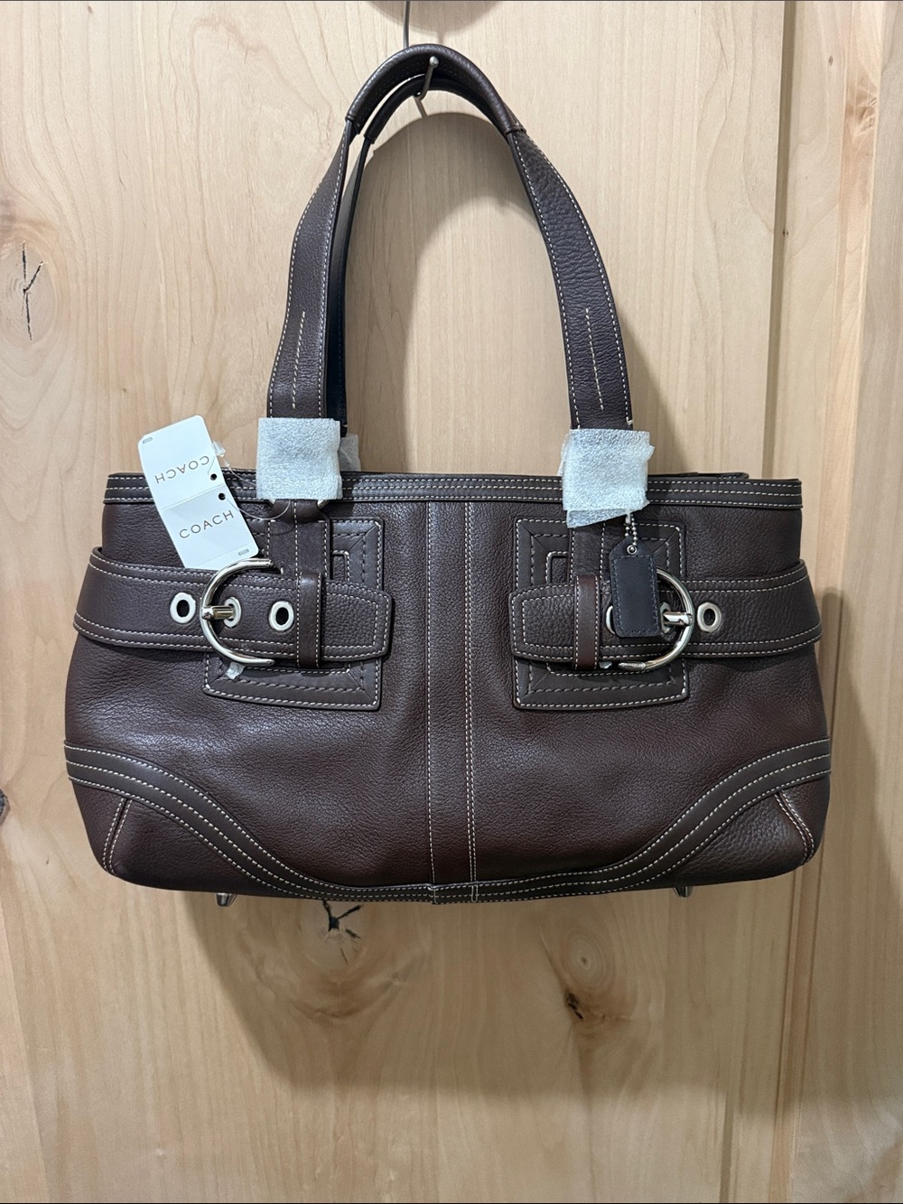 COACH Dark Brown Leather Shoulder Bag with Silver Hardware